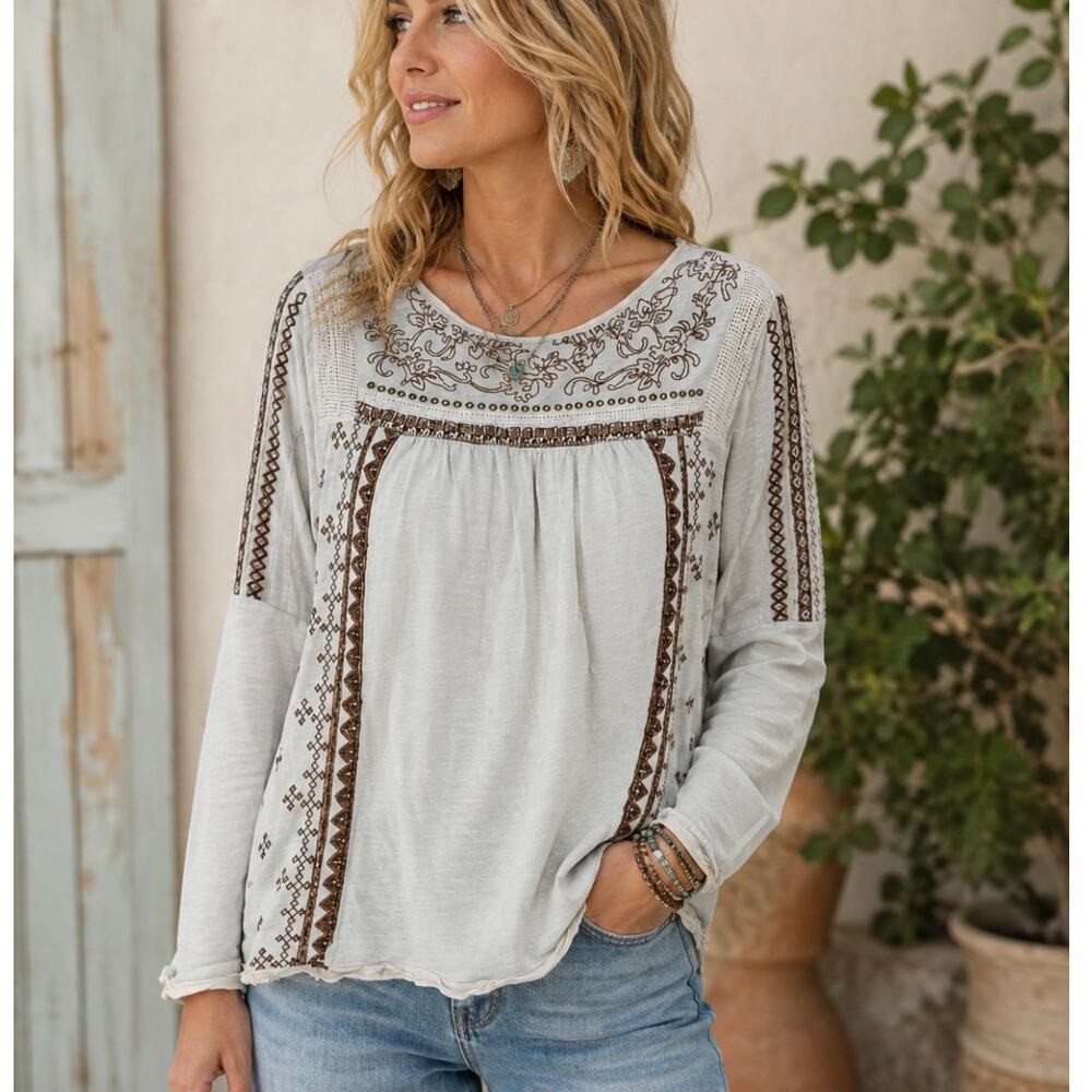 Sundance Beaded Beaded Top Size S Boho Artisan Long Sleeve Gray Brown Relaxed